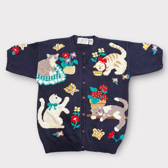 VINTAGE hand embroidered crazy cat lady short sleeve navy sweater size large - Picture 3 of 4